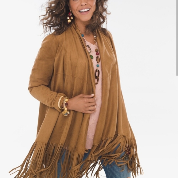 Chico's sueded brown fringe open lightweight cardigan jacket size 0 XS 4-6 - Picture 2 of 15